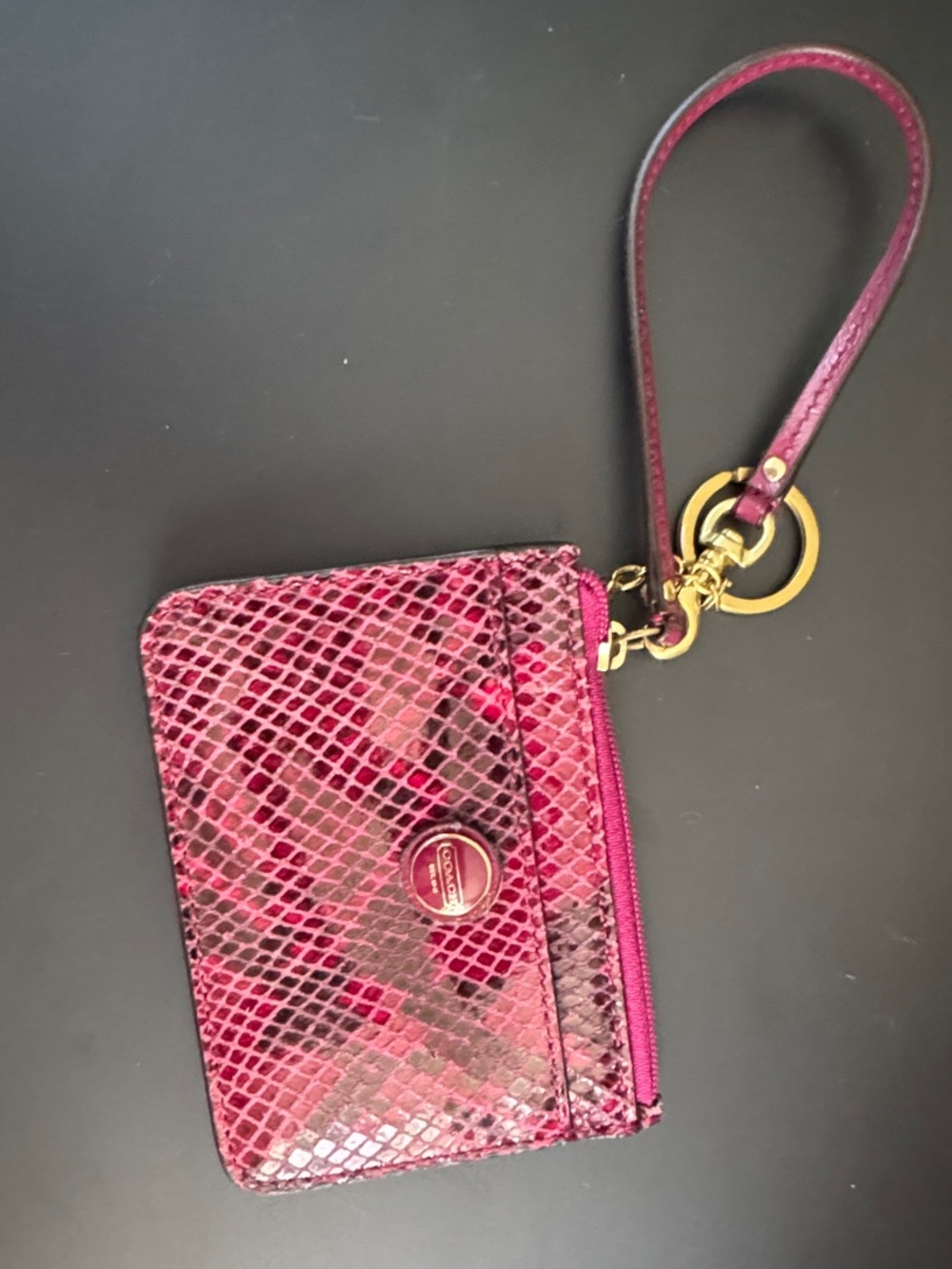 Coach Pink Snake-Print Wristlet Card Case with Gold Hardware